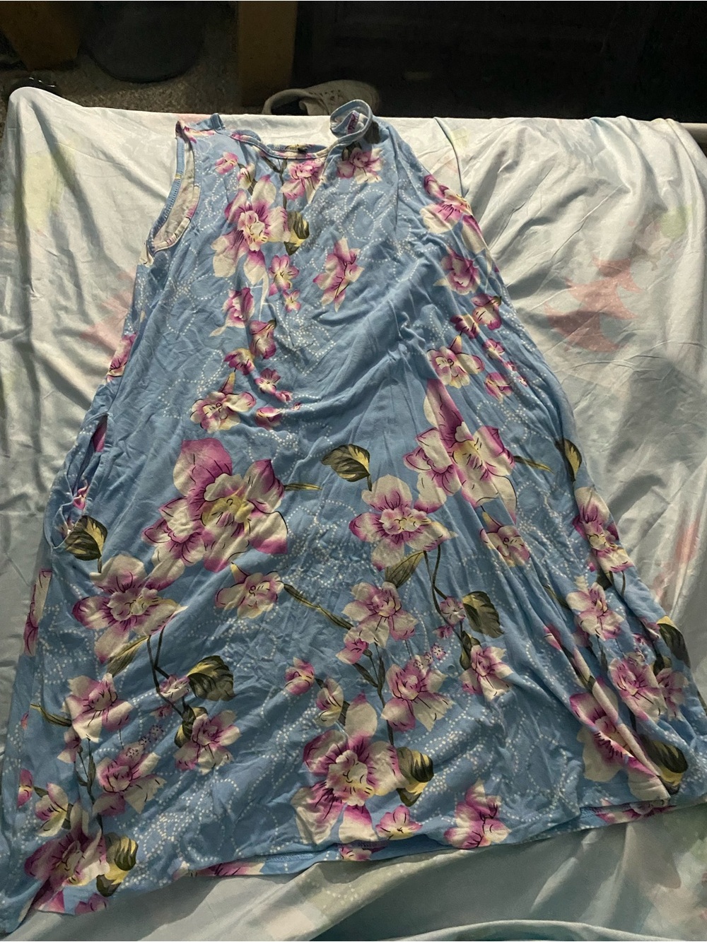 Light Blue Floral Maxi Dress with Pink Accents